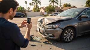 Man photographs the damaged front end of a car after a collision, with broken debris scattered on the road