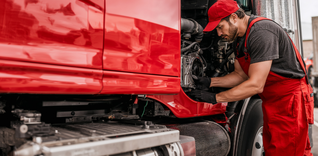 Mechanic repairing red semi-truck engine during maintenance service