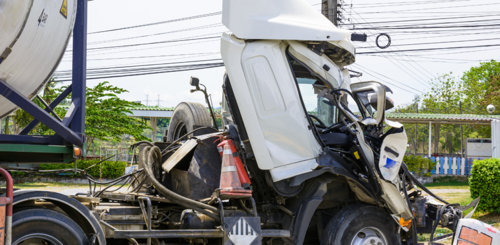 Severely damaged white semi truck cab after crash, showing major commercial vehicle accident scene