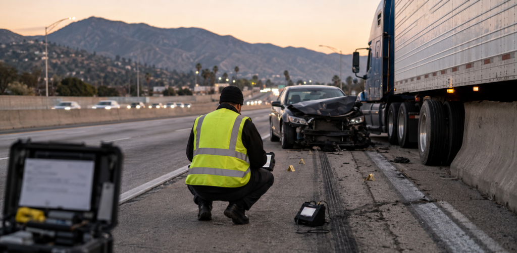 An investigator in a reflective vest documents evidence beside a severely damaged car and semi-truck on a highway