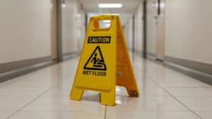 Bright yellow folding caution sign warns of a wet floor in a tiled corridor