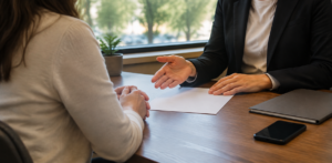 Client and professional discuss a document during an office meeting, with a folder and smartphone nearby