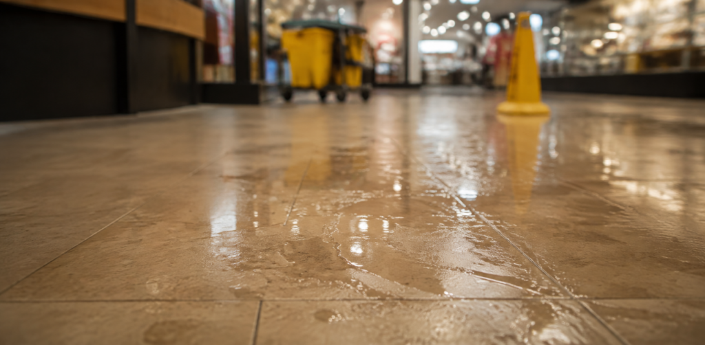 Low-angle view of a visibly wet, reflective tile floor near a yellow warning cone and janitorial equipment