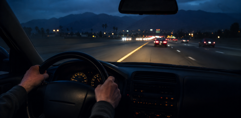 View from inside a car as a driver travels along a multilane highway at night, with mountains silhouetted ahead