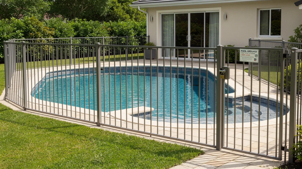 A residential swimming pool surrounded by a tall metal safety barrier and gated entrance beside a house